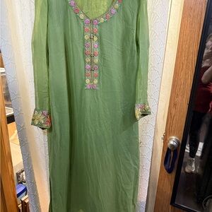 Elegant handmade pistachio sheer Kurtis Embroidered Dress